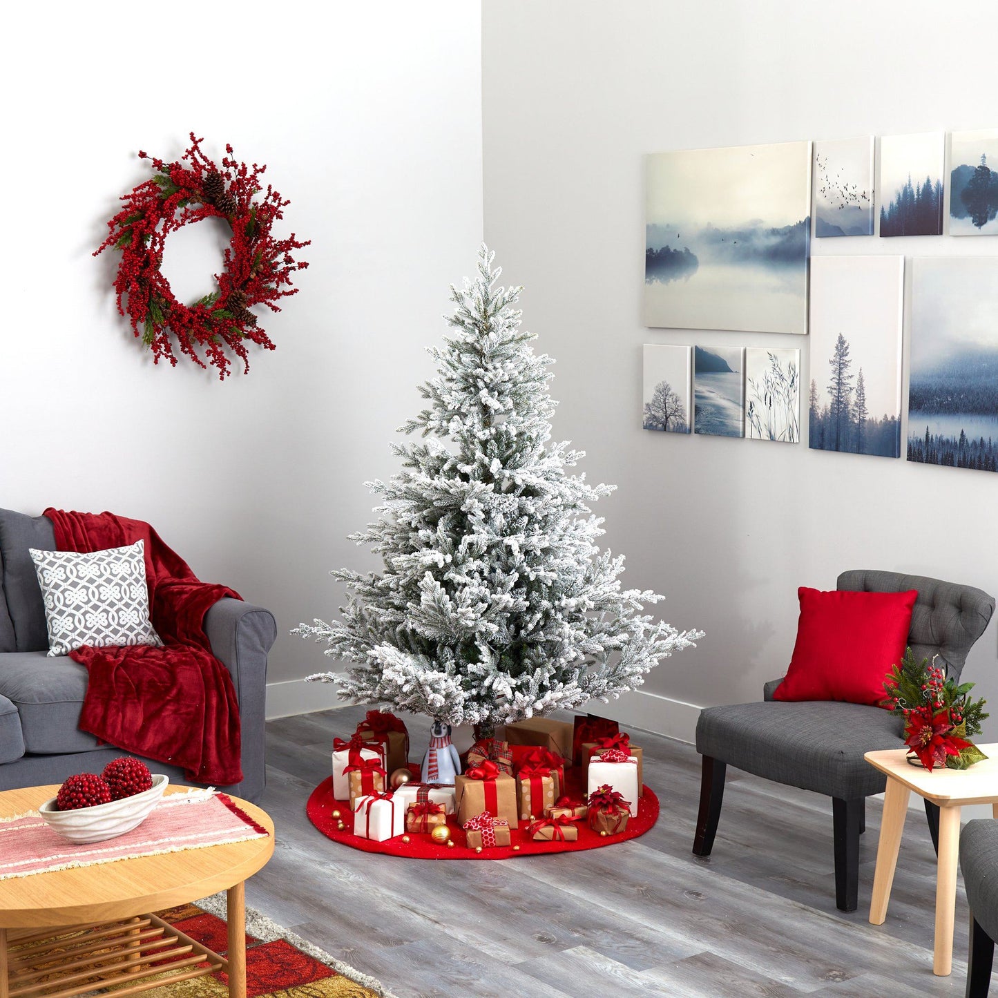 6’ Flocked Fraser Fir Artificial Christmas Tree with 500 Warm White Lights and 236 Bendable Branches - Nearly Natural