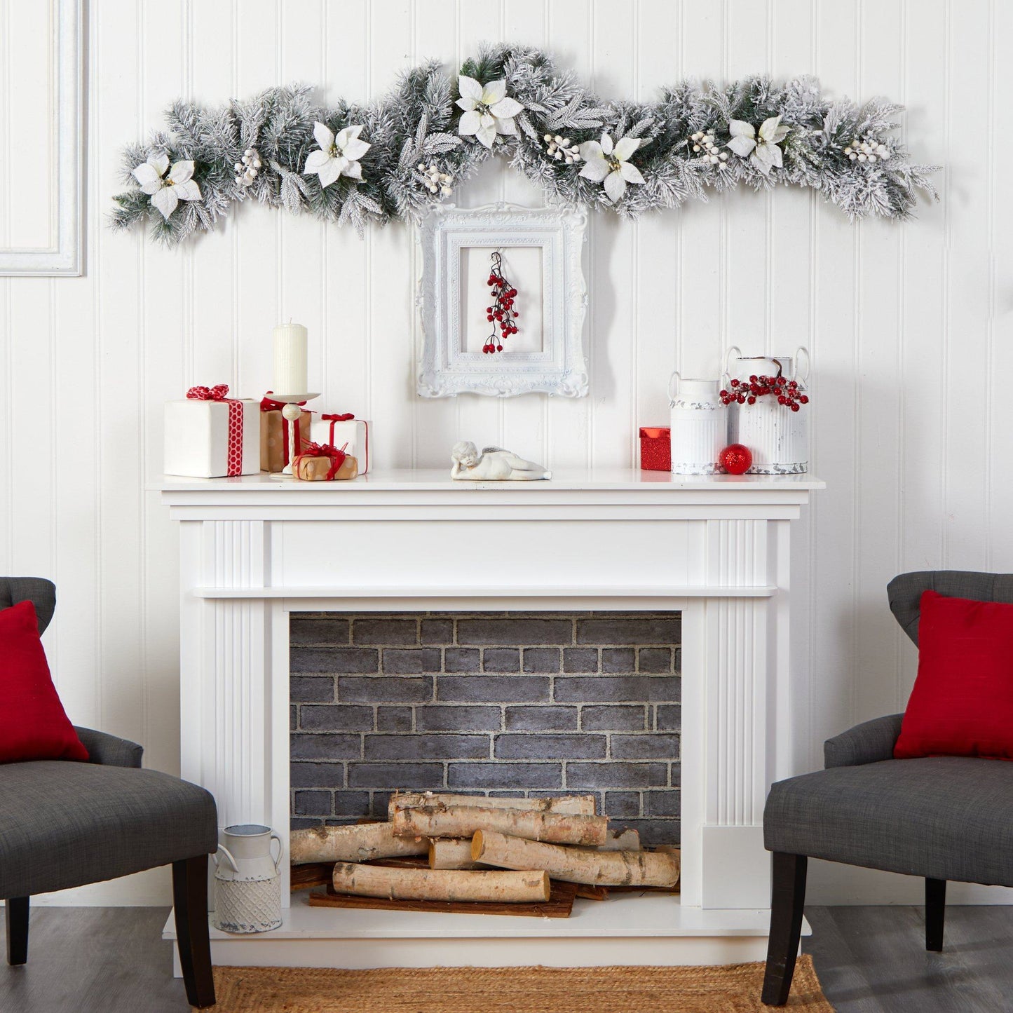 6’ Flocked Poinsettia and Berry Artificial Christmas Garland with 50 Warm White LED Lights - Nearly Natural