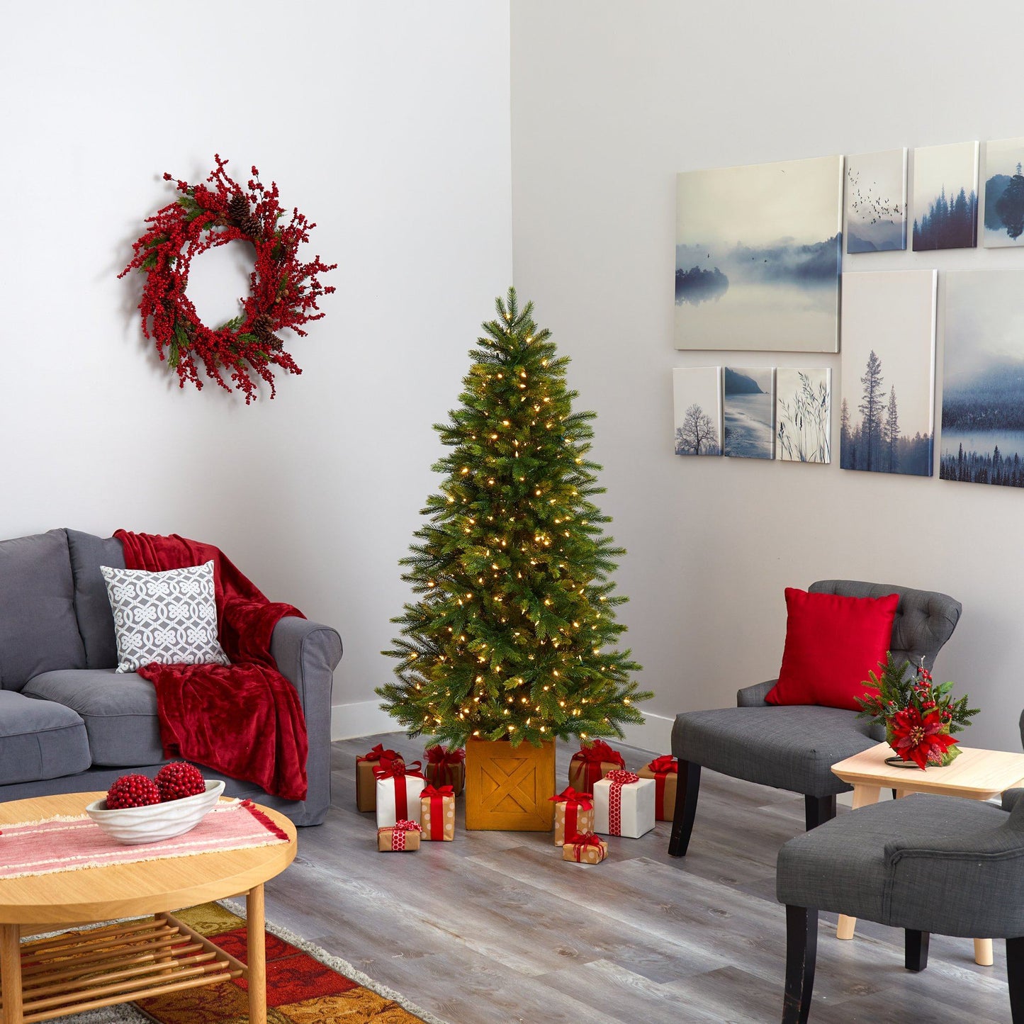 6’ Manchester Fir Artificial Christmas Tree in Decorative Planter with 350 Clear Warm (Multifunction) LED Lights