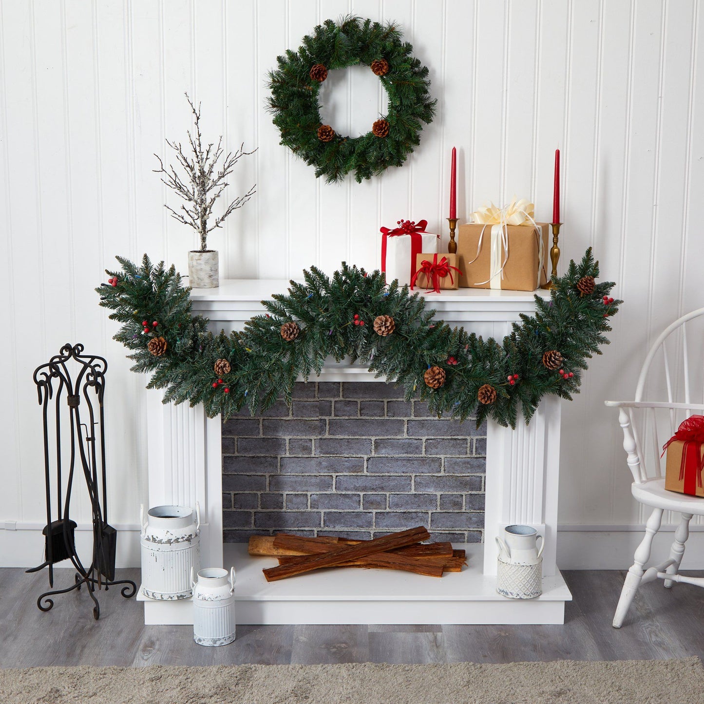 6’ Snow Dusted Artificial Christmas Garland with 50 Multicolored LED Lights Berries and Pinecones - Nearly Natural