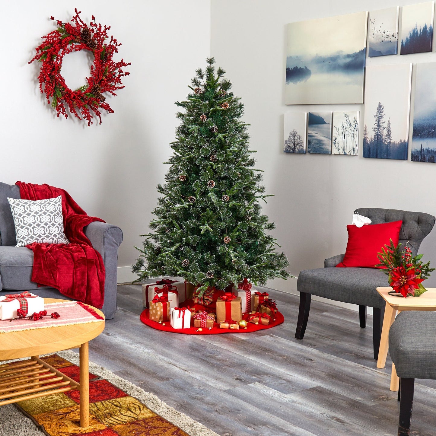 6’ Snowed Tipped Clermont Mixed Pine Artificial Christmas Tree with 250 Clear LED Lights Pine Cones and 1242 Bendable