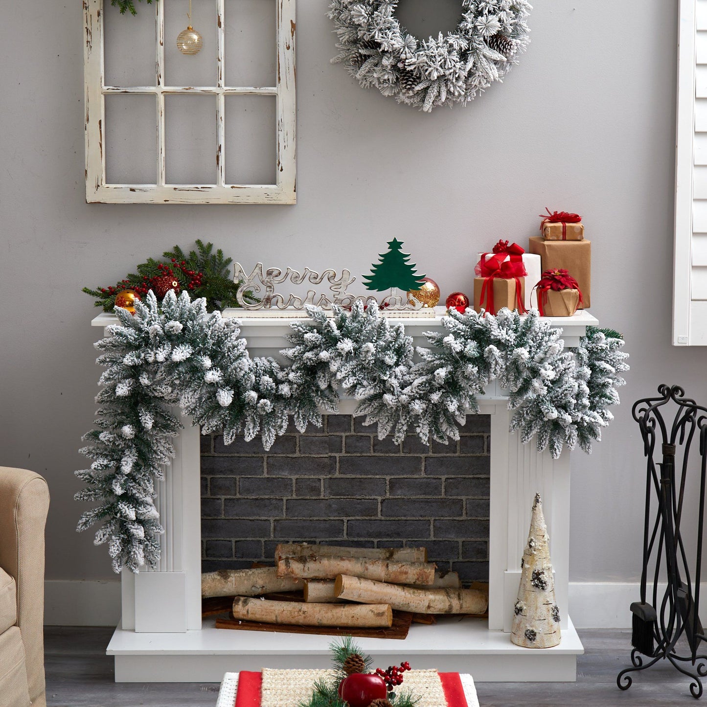 9’ Flocked Artificial Christmas Garland with 50 Warm White LED Lights - Nearly Natural