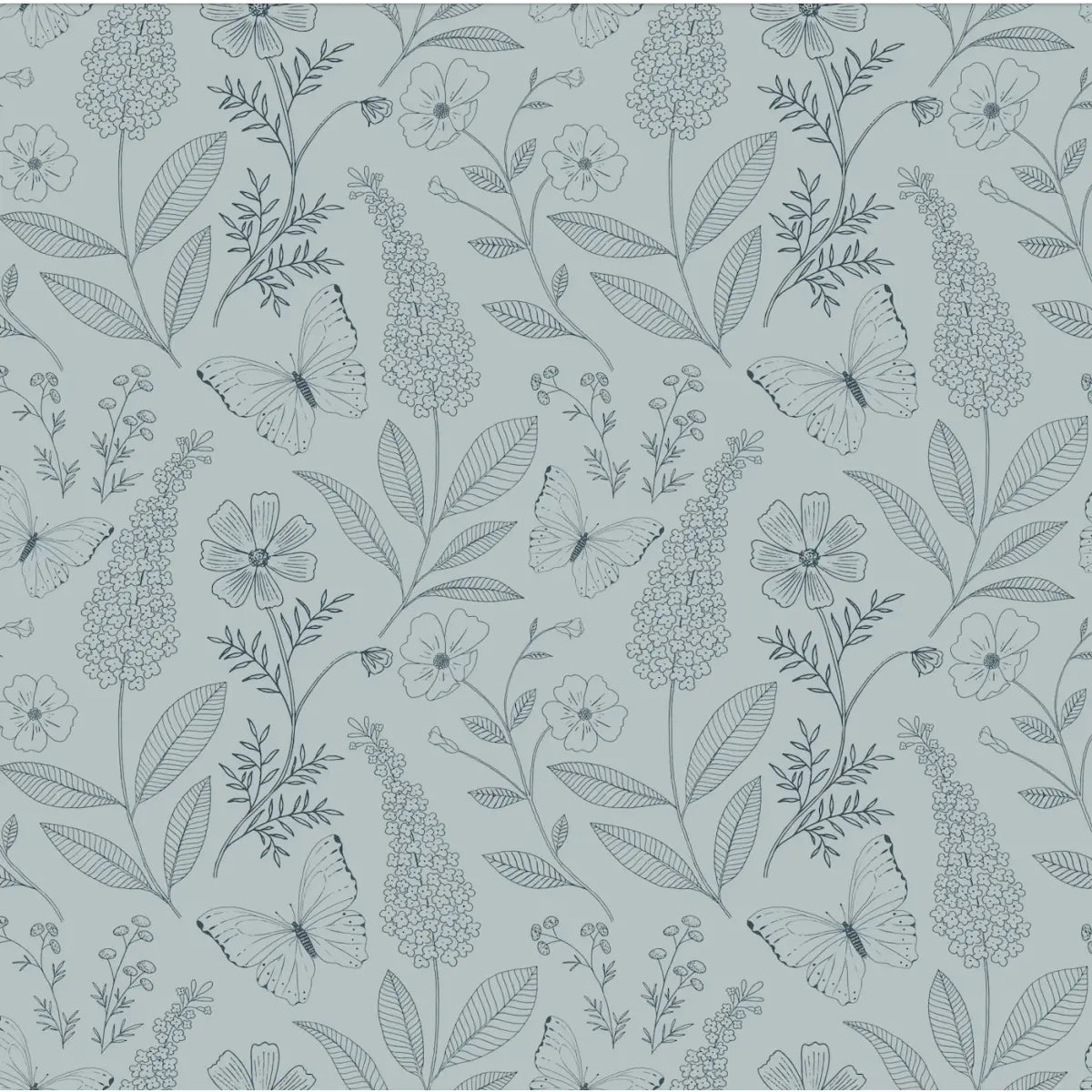 Ashlyn Wallpaper - Butterflies and Flowers Line Drawings - by Gooseberry Moon - Sample 1 foot by 1 foot / Blue