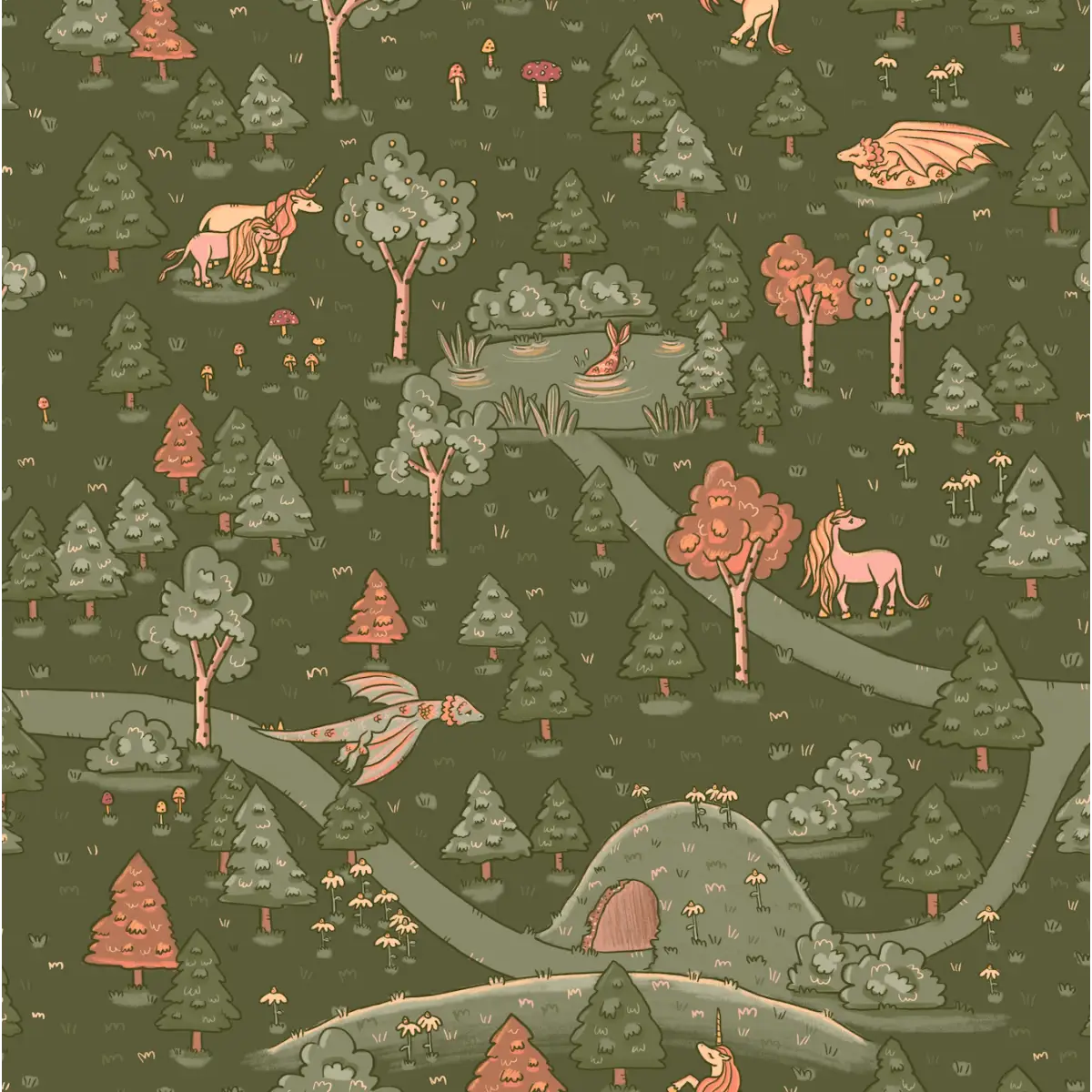 Aubrette Wallpaper - Unicorn Forest Pathways for Kids - by Tylee Hansen - Sample 1 foot by 1 foot / Night - Loomwell