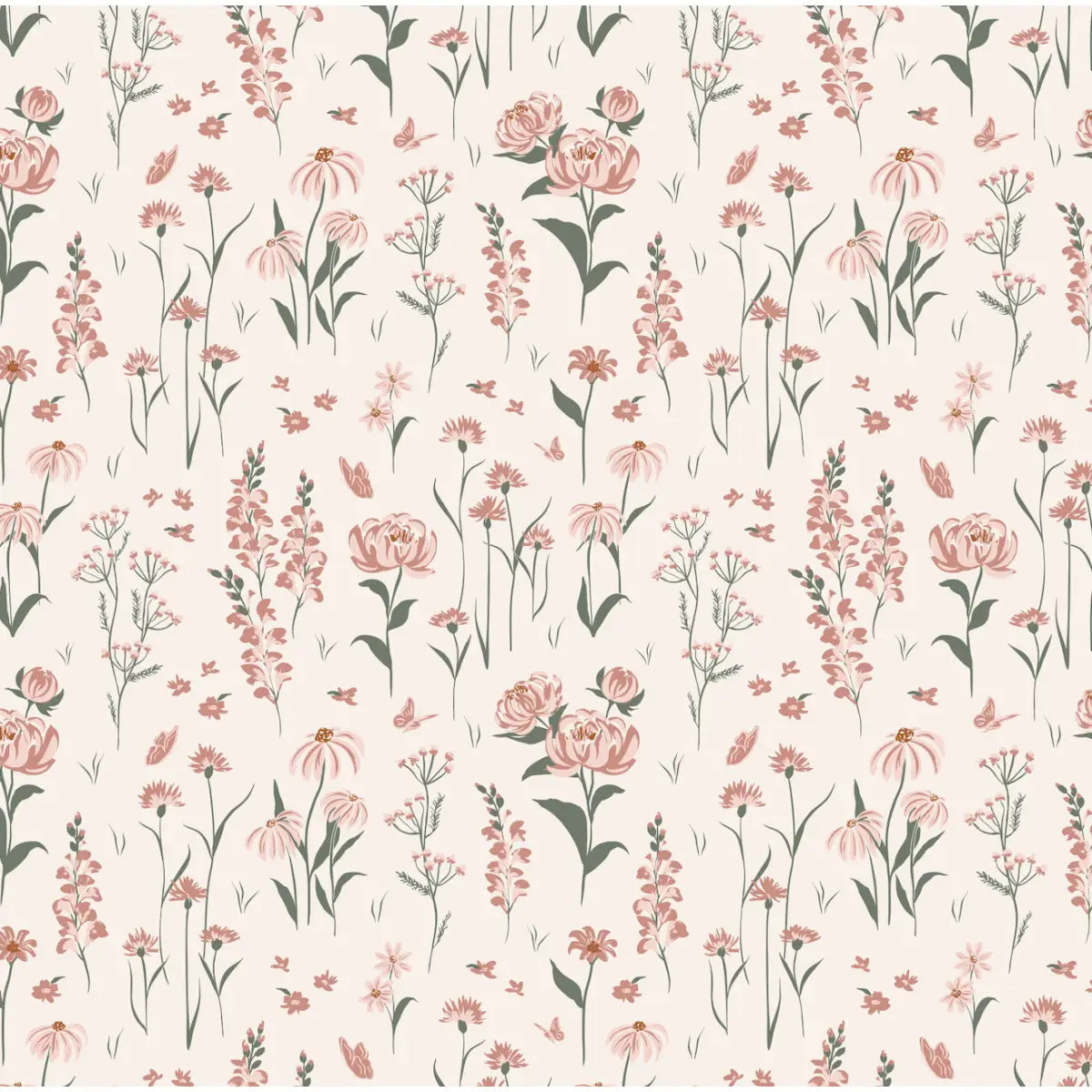 Audrey Wallpaper - Flowers and Butterflies - by Hearten Design - Sample 1 foot by 1 foot / White - Loomwell Home Goods