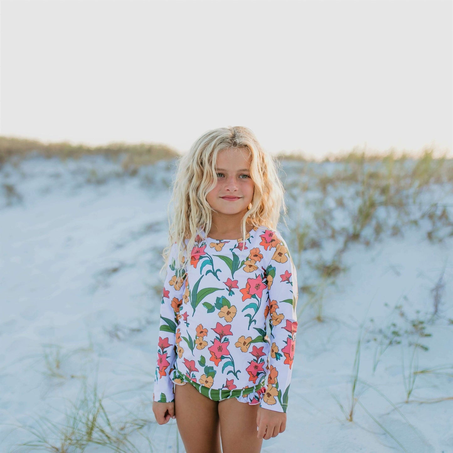 Girls Green Stripe Floral Rash Guard 2pc Swimsuit - 10 - Wren & James