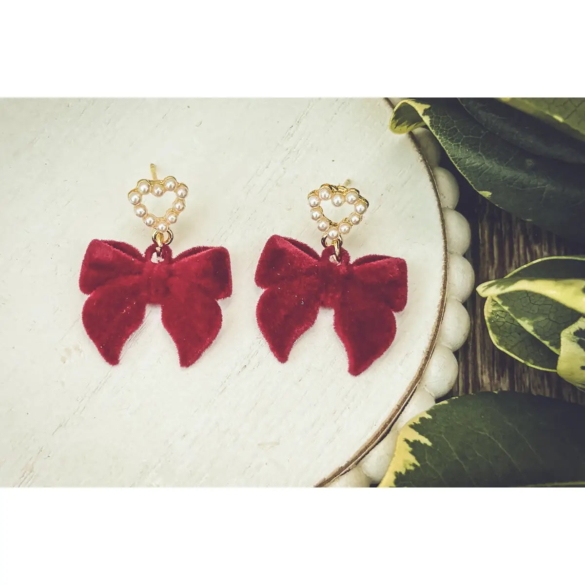Red Bow and Heart Pearl Earrings - Rooted Home Goods