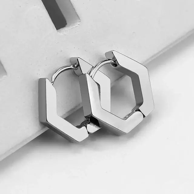 Silver Hexagon Huggie Earrings - Rooted Home Goods