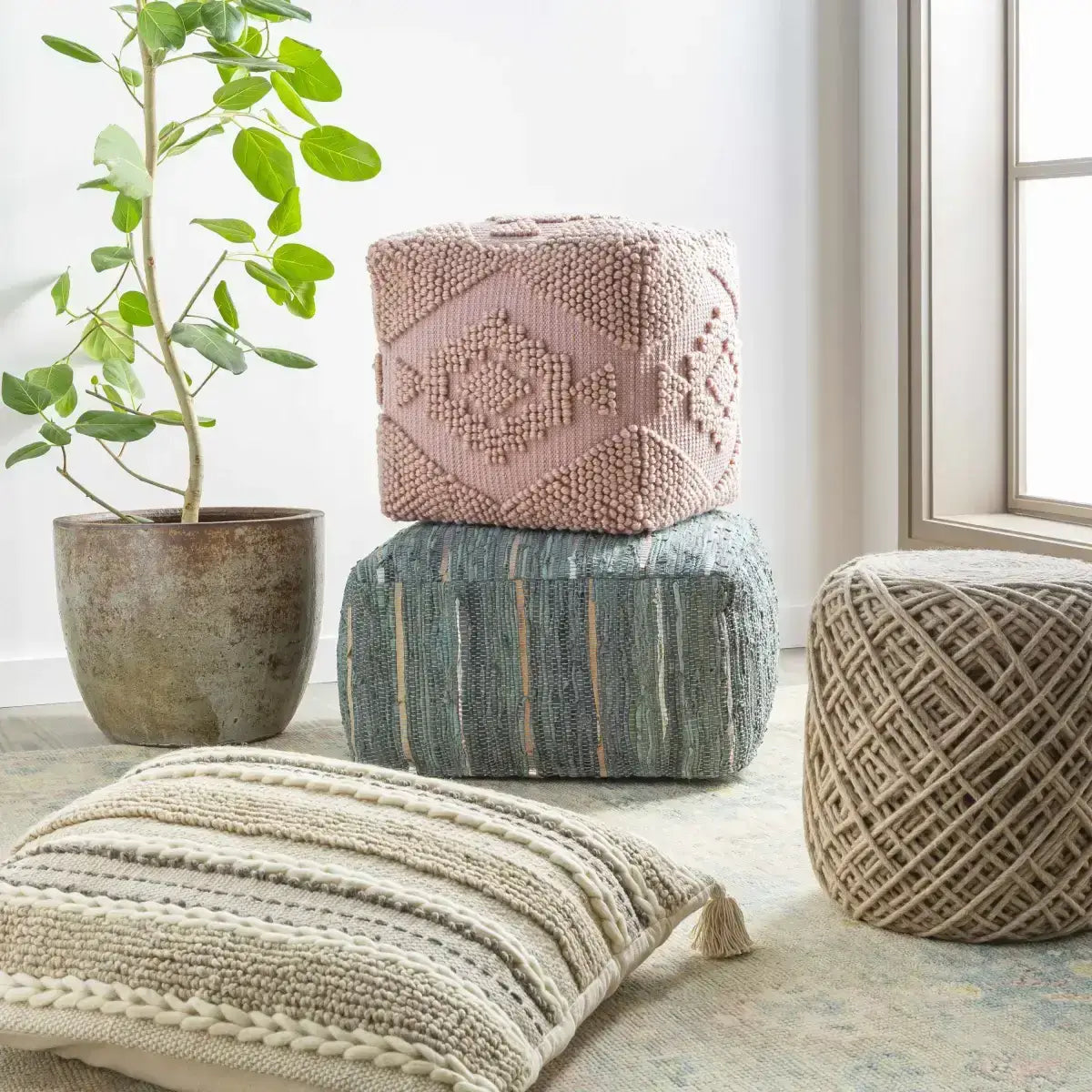 Bellingen Gray Handwoven Textured Pouf - 16’’ x 16’’ x 18’’ Cylinder - Boutique Rugs