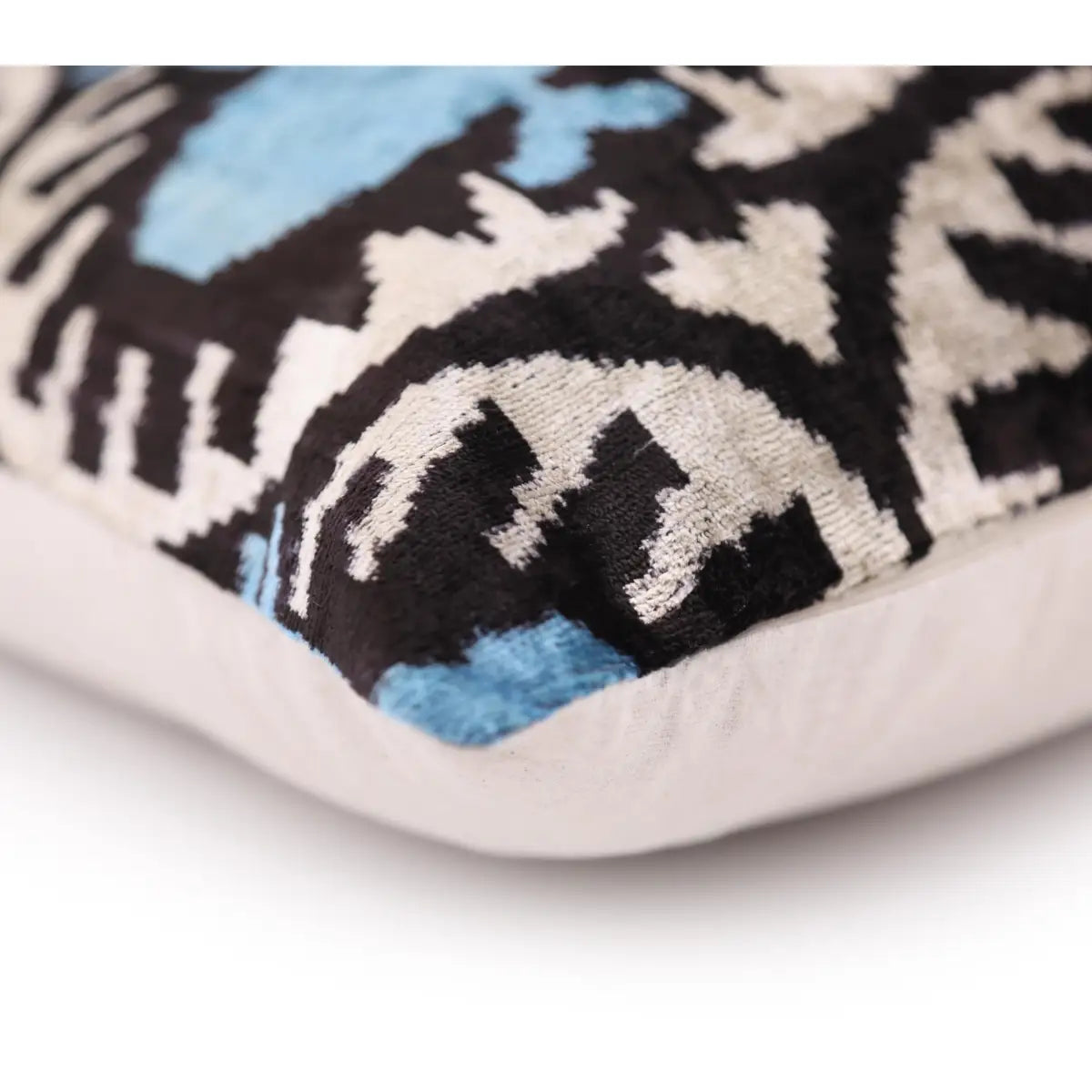 Blue Black Geometric Silk Velvet Pillow – 20x20 Handmade Ikat Throw Cushion - Canvello