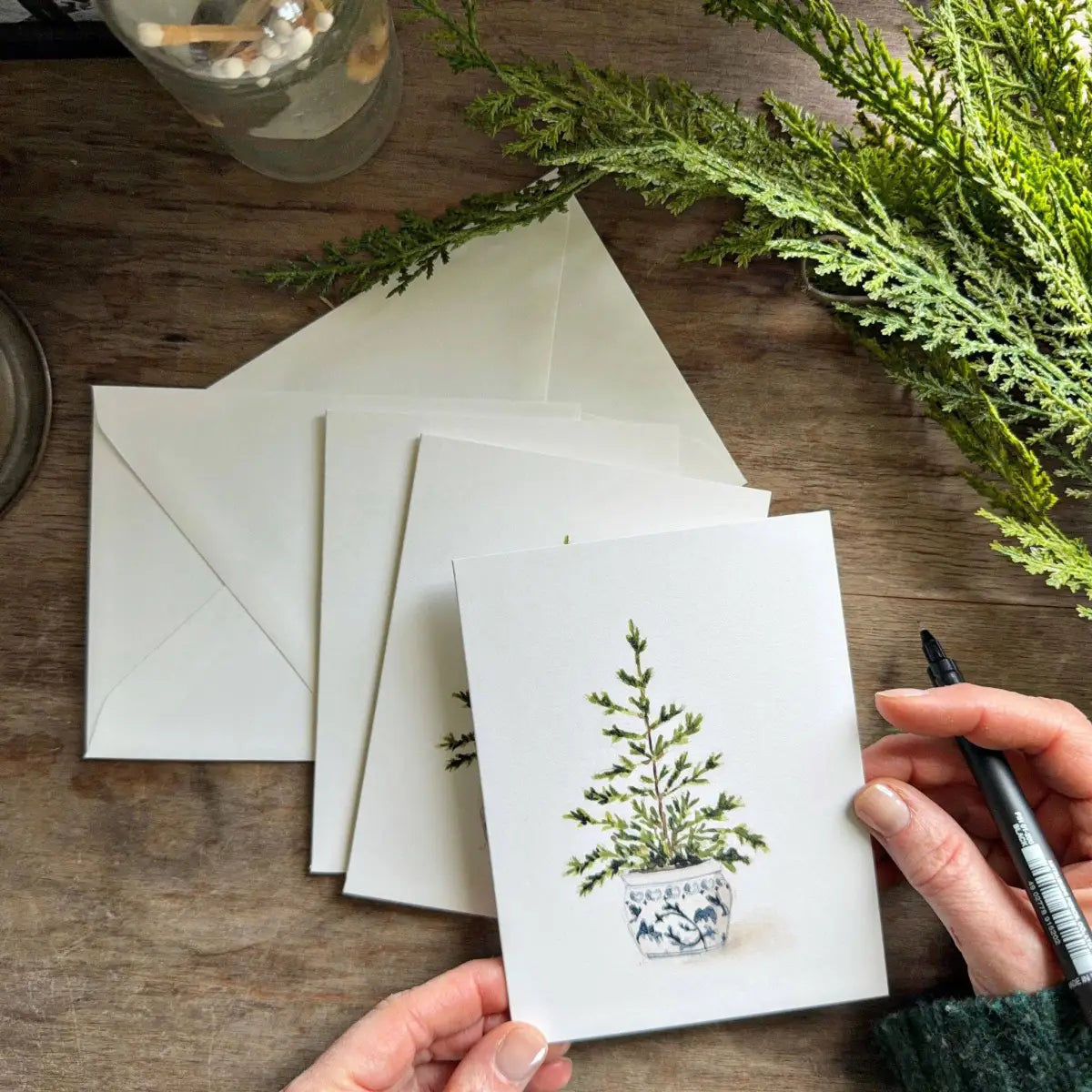 Watercolor Notecard Set - Blue Potted Tree - emily lex studio