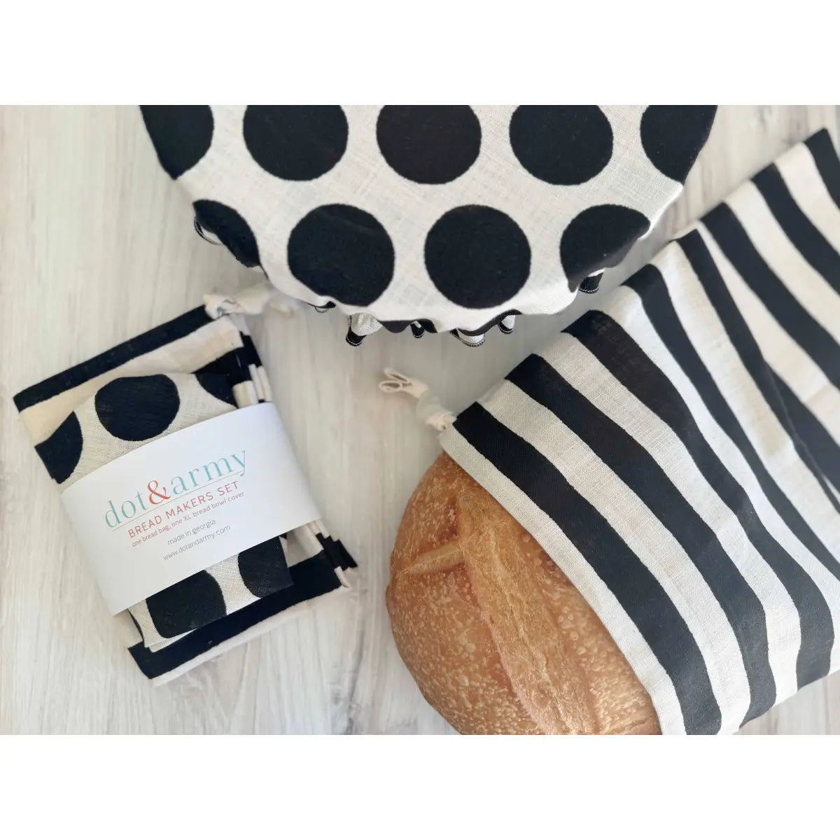 Bread Makers Set - Black Dot and Stripe - Bread Bag and Bowl Cover - Dot and Army