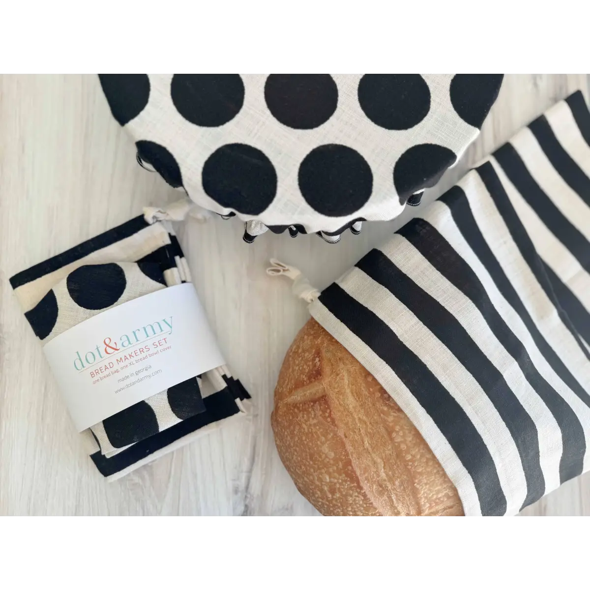 Bread Makers Set - Black Dot and Stripe - Bread Bag and Bowl Cover - Dot and Army