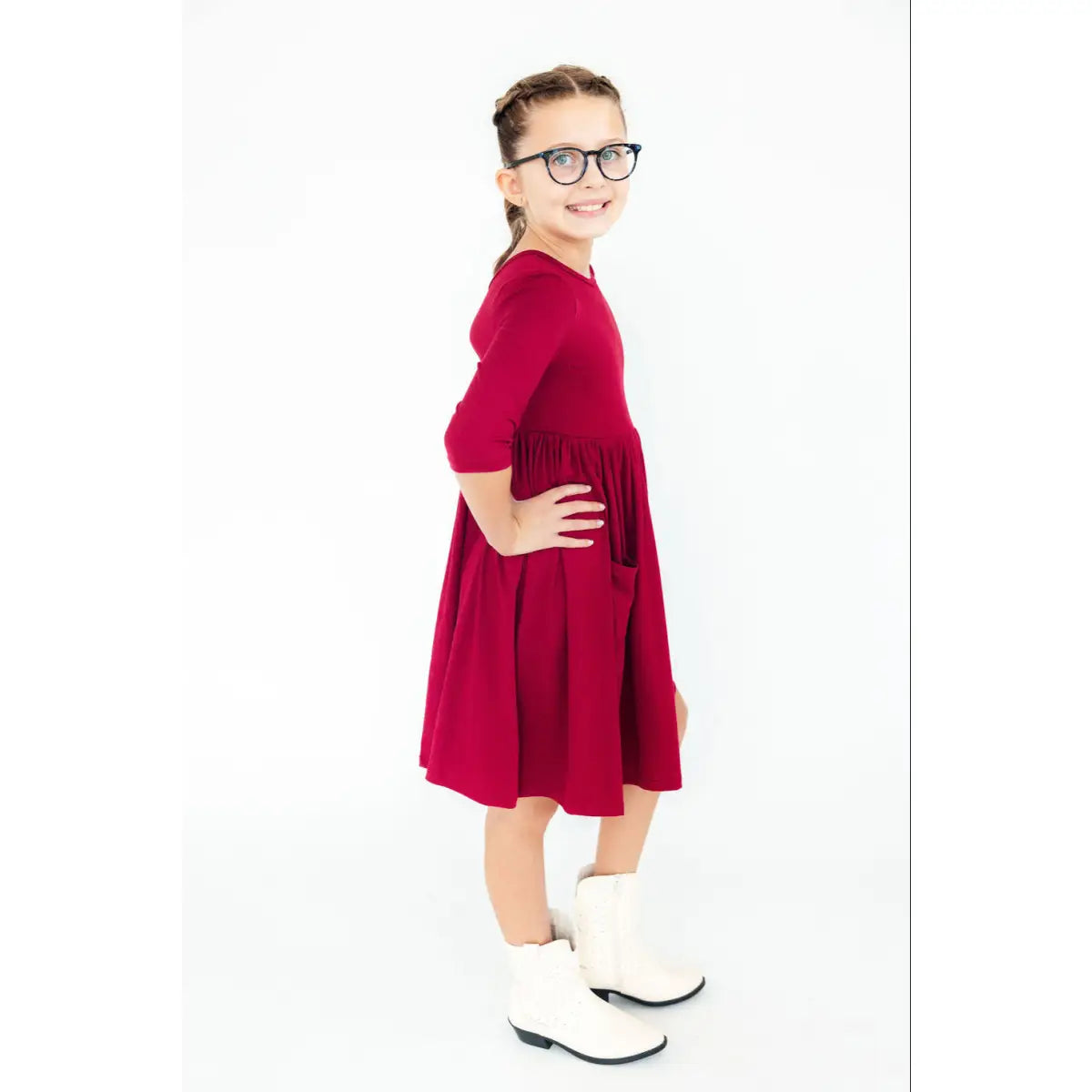 Burgundy 3/4 Sleeve Pocket Twirl Dress - Mila & Rose ®