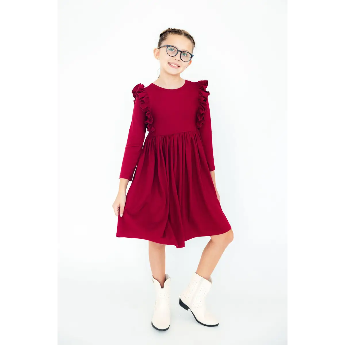 Burgundy L/S Ruffle Twirl Dress - Mila & Rose ®