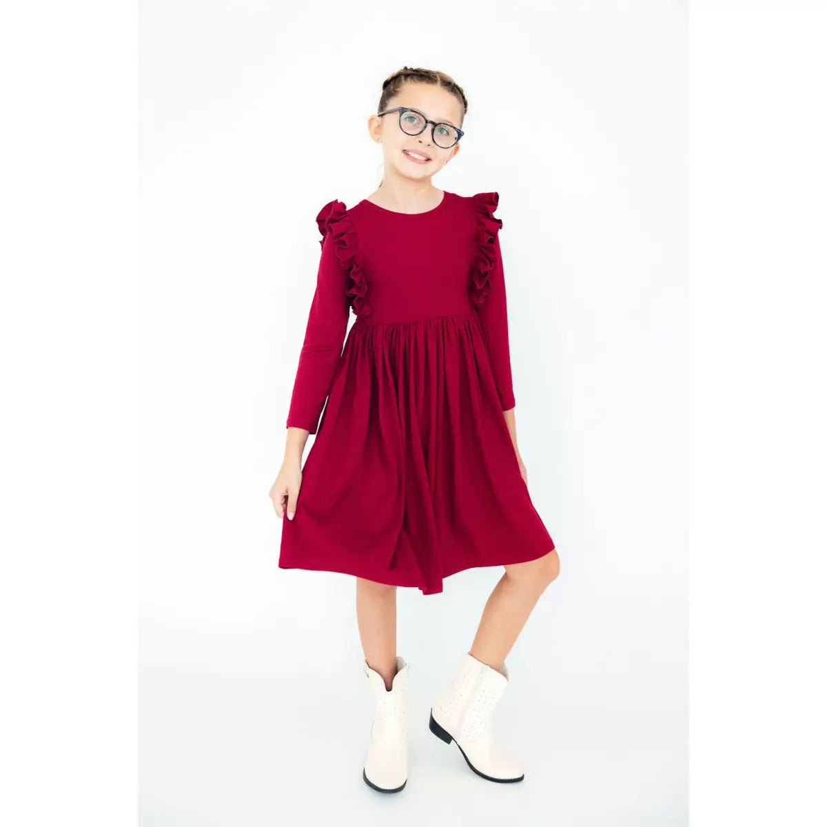 Burgundy L/S Ruffle Twirl Dress - Mila & Rose ®
