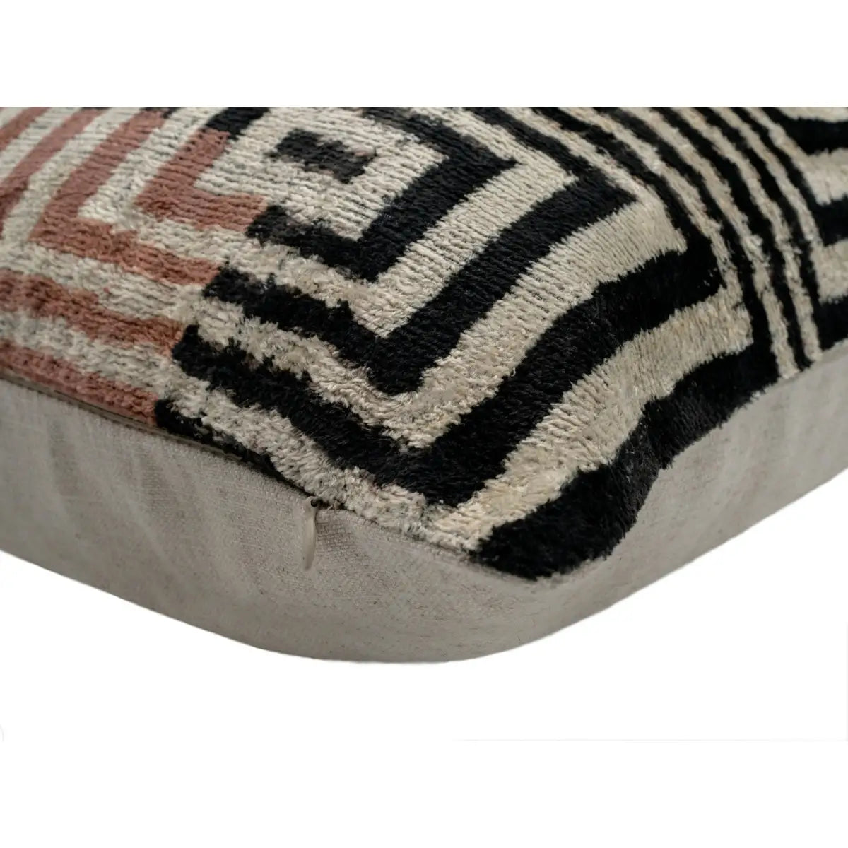 Canvello Handmade Silk Velvet Throw Pillow with Down Feather Insert – Maze Pattern in Black Grey and Terracotta