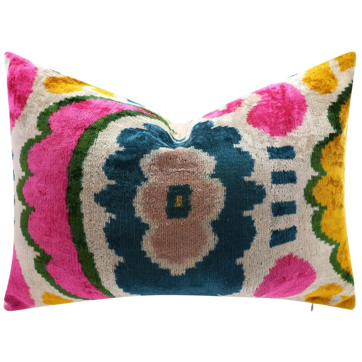Canvello Handmade Velvet Lumbar Pillow in Bright Pink Teal and Yellow Floral Ikat Design - High-Quality 16x24 Inch