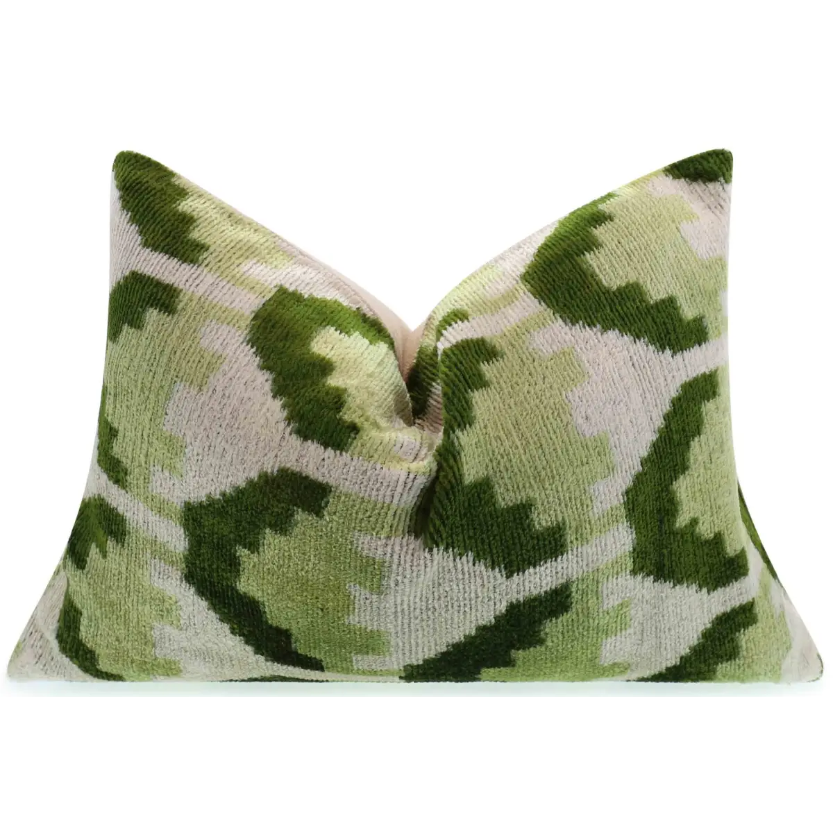 Canvello Handmade Velvet Lumbar Pillow in Green and Cream Ikat Design - High-Quality Decorative Accent with Premium