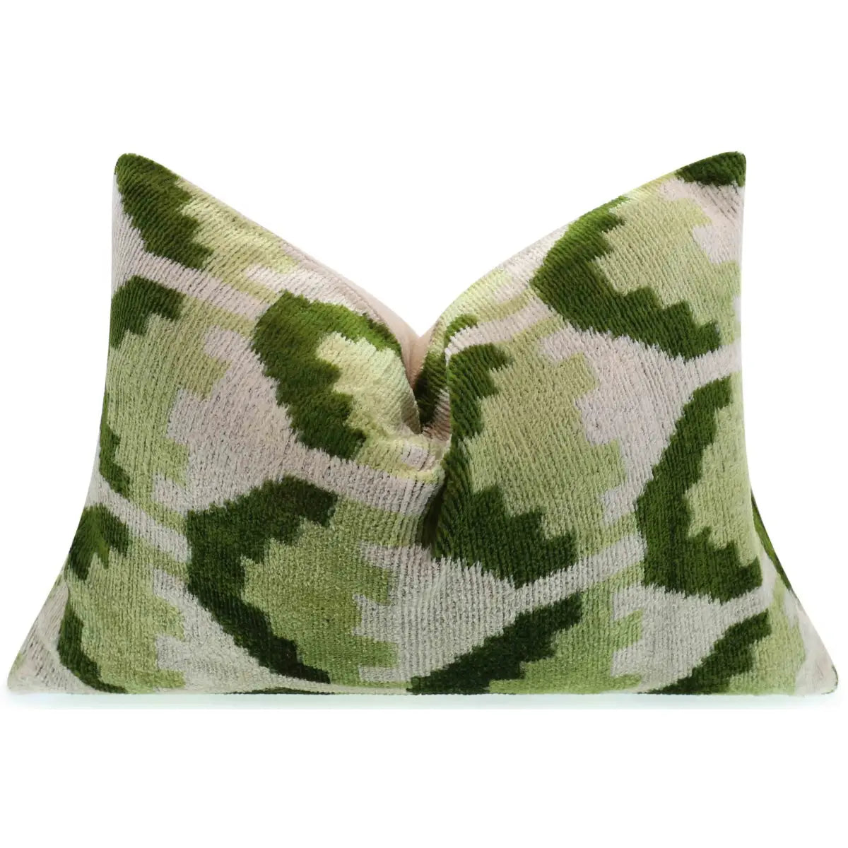 Canvello Handmade Velvet Lumbar Pillow in Green and Cream Ikat Design - High-Quality Decorative Accent with Premium