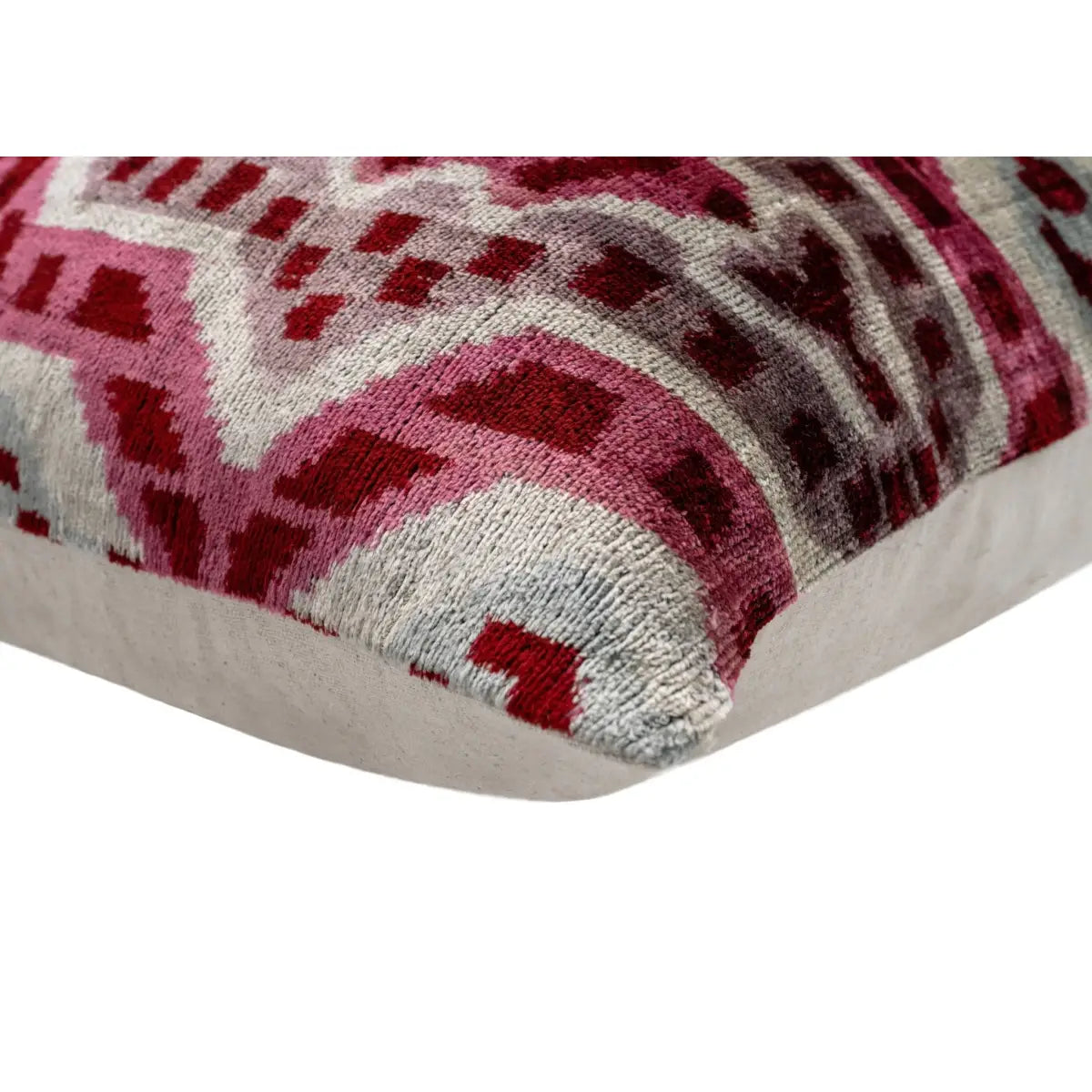 Canvello Handmade Velvet Throw Pillow with Red and Pink Ikat Design - High-Quality 20x20 Inch Decorative Accent