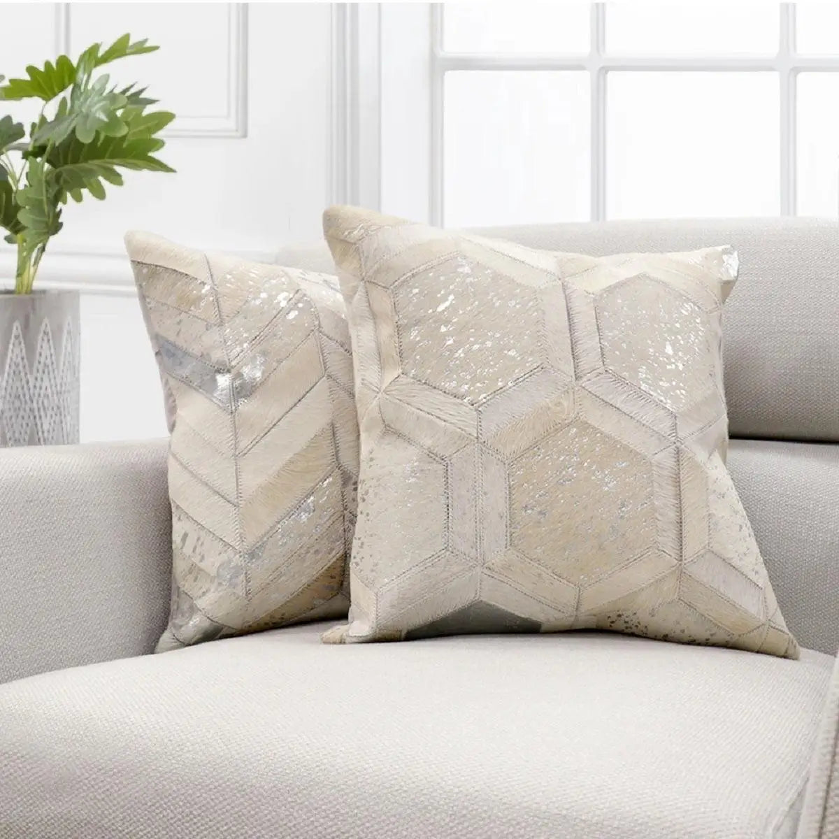 Canvello Safari Geometric Silver Cowhide 17’’ Decorative Throw Pillow - Silver / 17’’ x 17’’ - Canvello