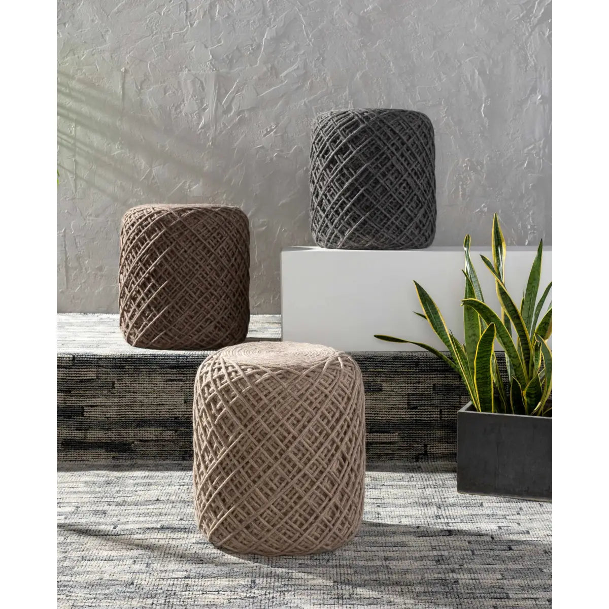 Charcoal Yarn Ball Wool Pouf - 16’’ x 16’’ x 18’’ Cylinder - Boutique Rugs
