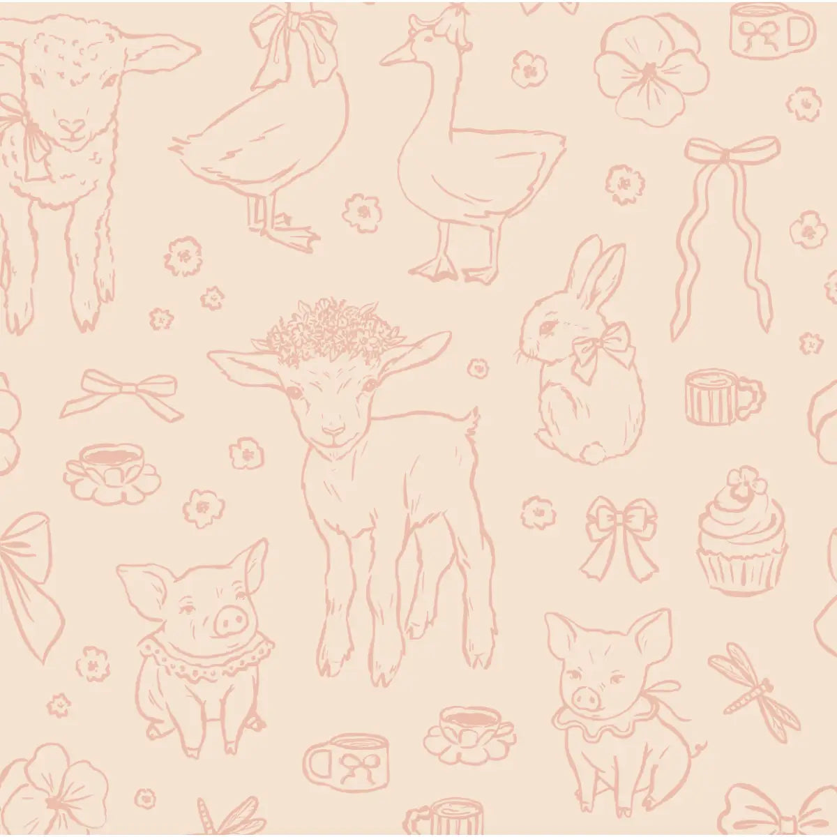 Charlotte Wallpaper - Pastel Farm Animal Drawings - Sample 1 foot by 1 foot / Pink - Loomwell Home Goods
