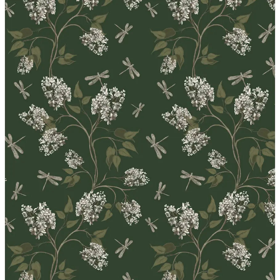 Clarke Wallpaper - Lilacs and Dragonflies - by Melissa Dayton Art - Sample 1 foot by 1 foot / Green - Loomwell Home