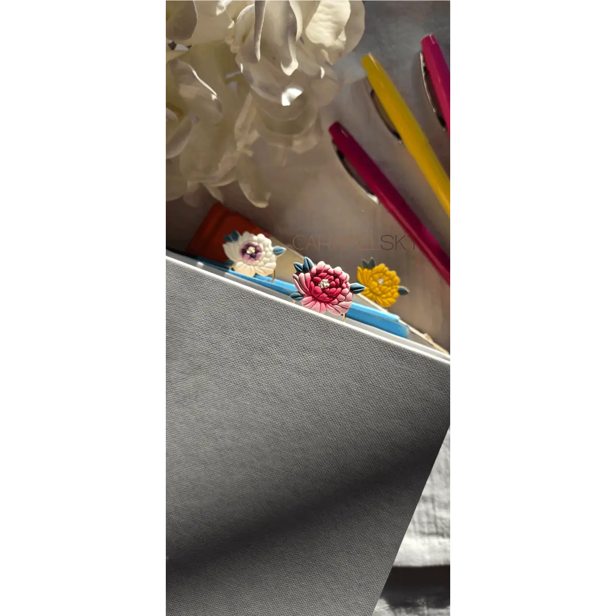 Clay Bookmark - Handmade Peony Flower with Paperclip - Caramel Sky