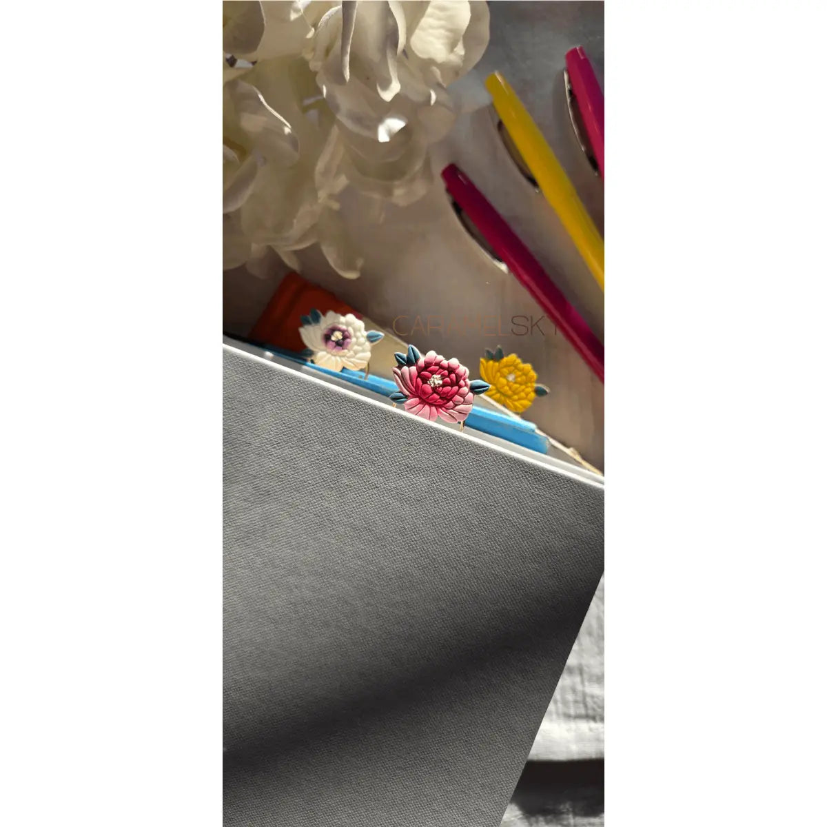 Clay Bookmark - Handmade Peony Flower with Paperclip - Caramel Sky