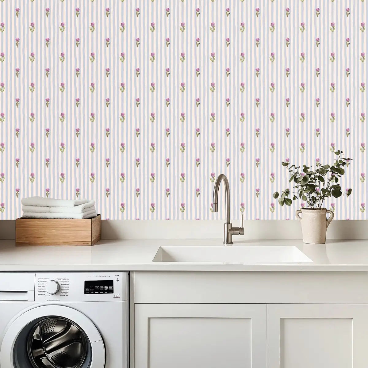 Conley Wallpaper - Sweet Pink Flowers on Blue Stripe - by Jun Shu Create - Loomwell Home Goods