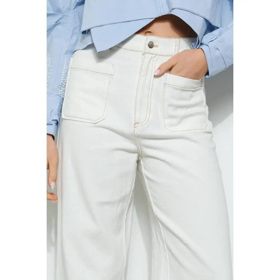 White Wide Leg Jeans with Front Patch Pockets - INA