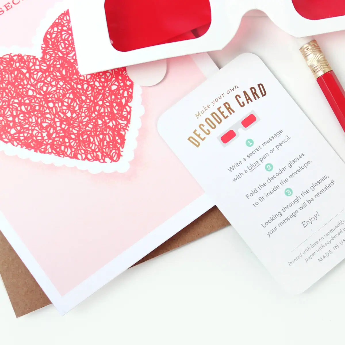 Interactive Greeting Card - Top Secret Decoder Heart - Inklings Paperie