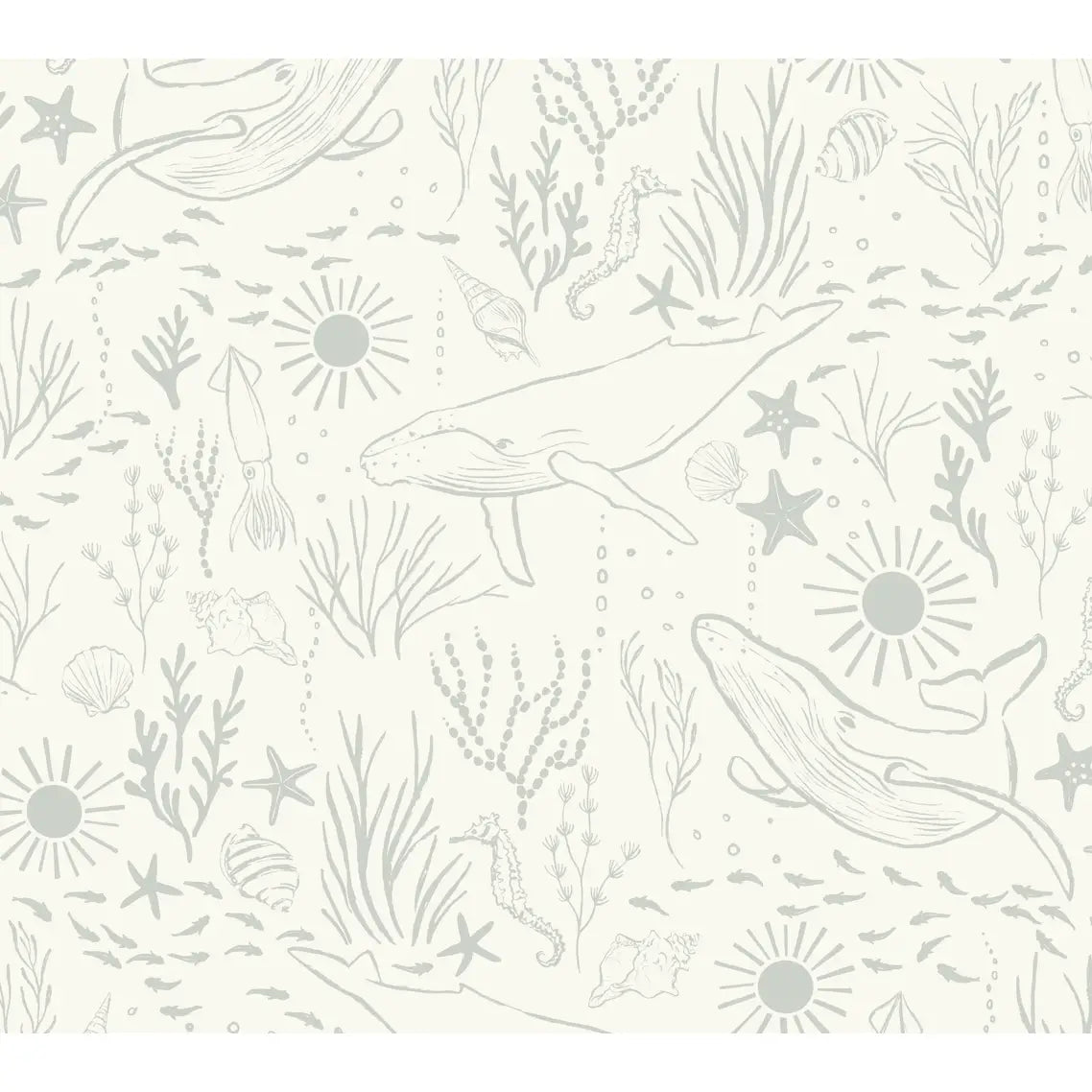 Delmar Wallpaper - Peaceful Whales for Kids - Coastal Cottage - by Hufton Studio - Sample 1 foot by 1 foot / Sea Salt