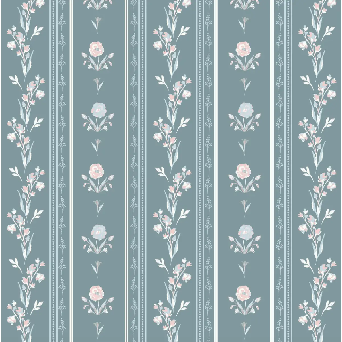 Delphine Wallpaper - Cottage Flowers and Stripes - by Trisha Patel - Sample 1 foot by 1 foot / Dark Teal - Loomwell