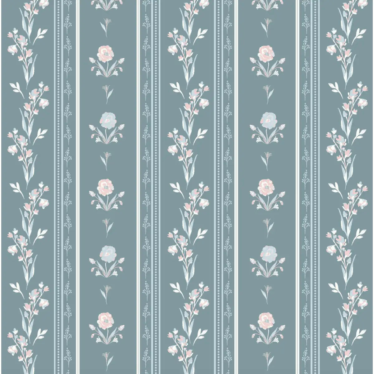 Delphine Wallpaper - Cottage Flowers and Stripes - by Trisha Patel - Sample 1 foot by 1 foot / Dark Teal - Loomwell