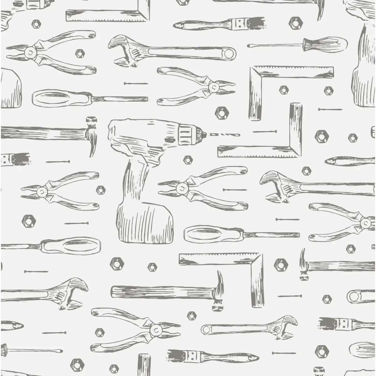 Dewalt Wallpaper - Tools Line Drawings for Kids - by Aminah Eleonora - Sample 1 foot by 1 foot / Gray - Loomwell Home