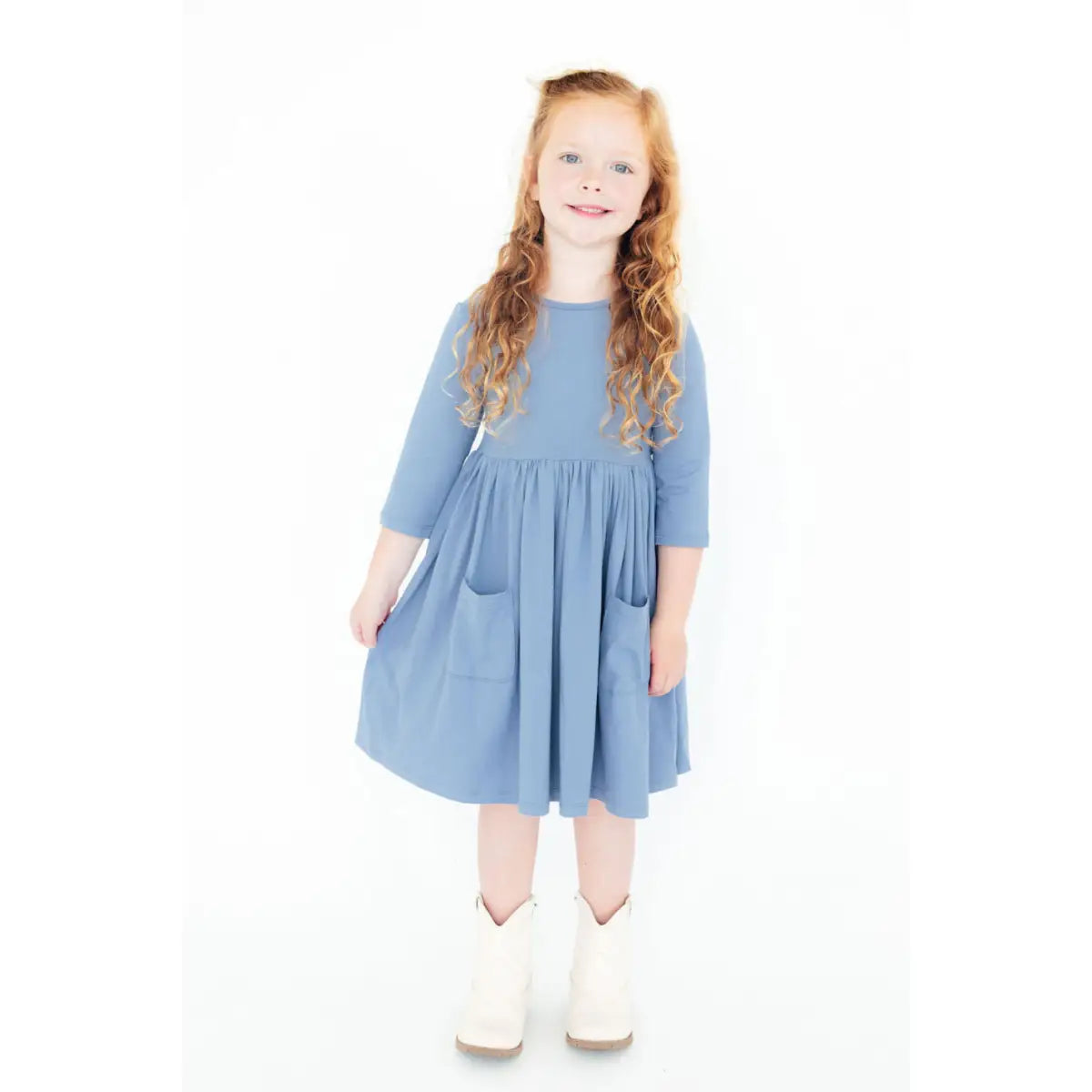Dusty Blue 3/4 Sleeve Pocket Twirl Dress - Mila & Rose ®
