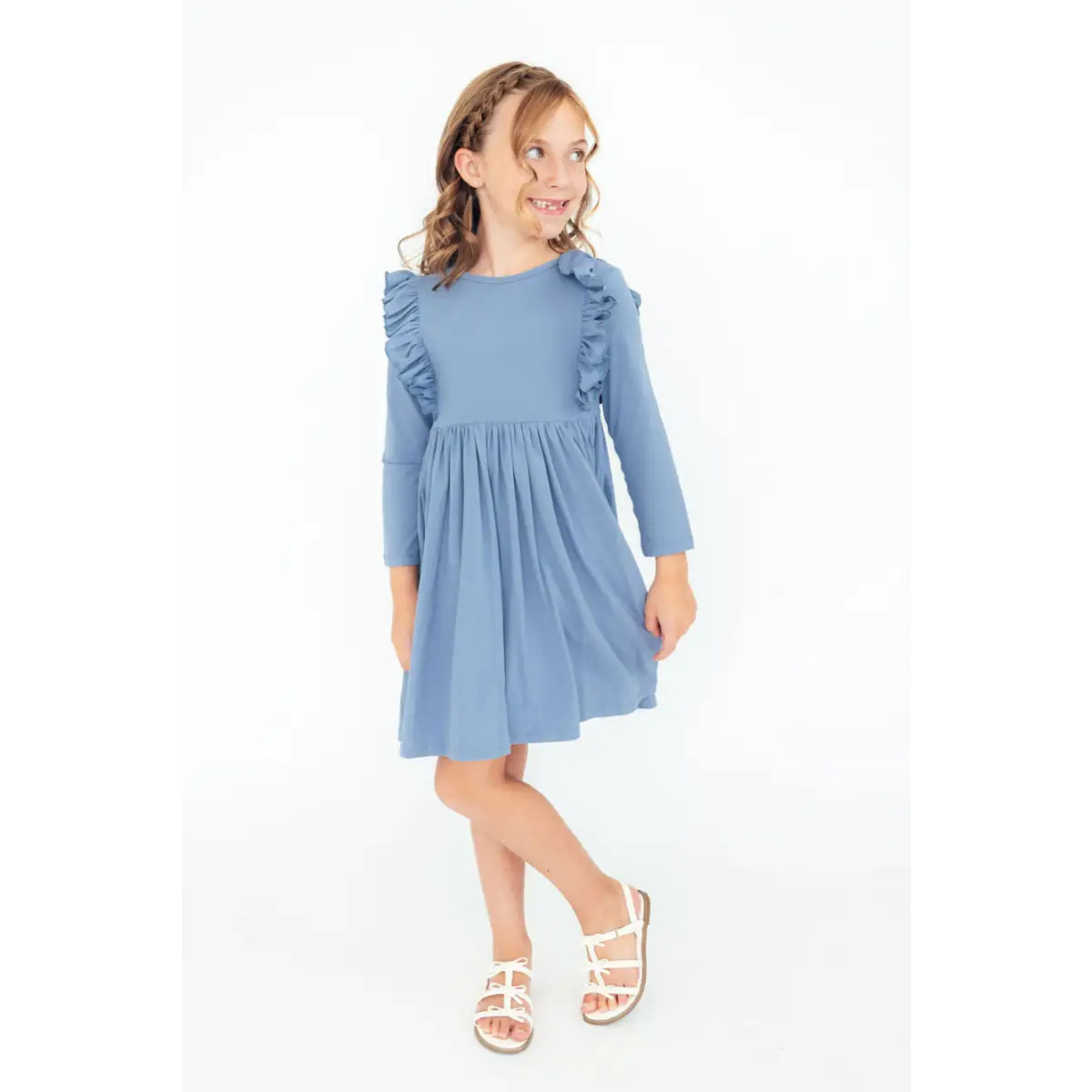 Dusty Blue L/S Ruffle Twirl Dress - Mila & Rose ®