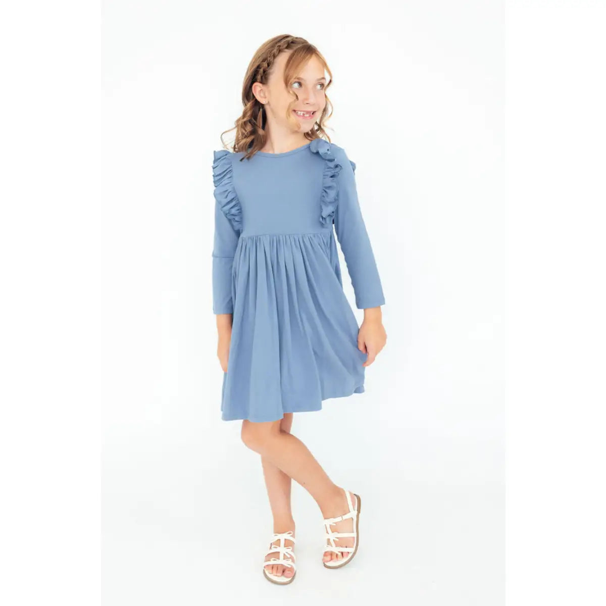 Dusty Blue L/S Ruffle Twirl Dress - Mila & Rose ®