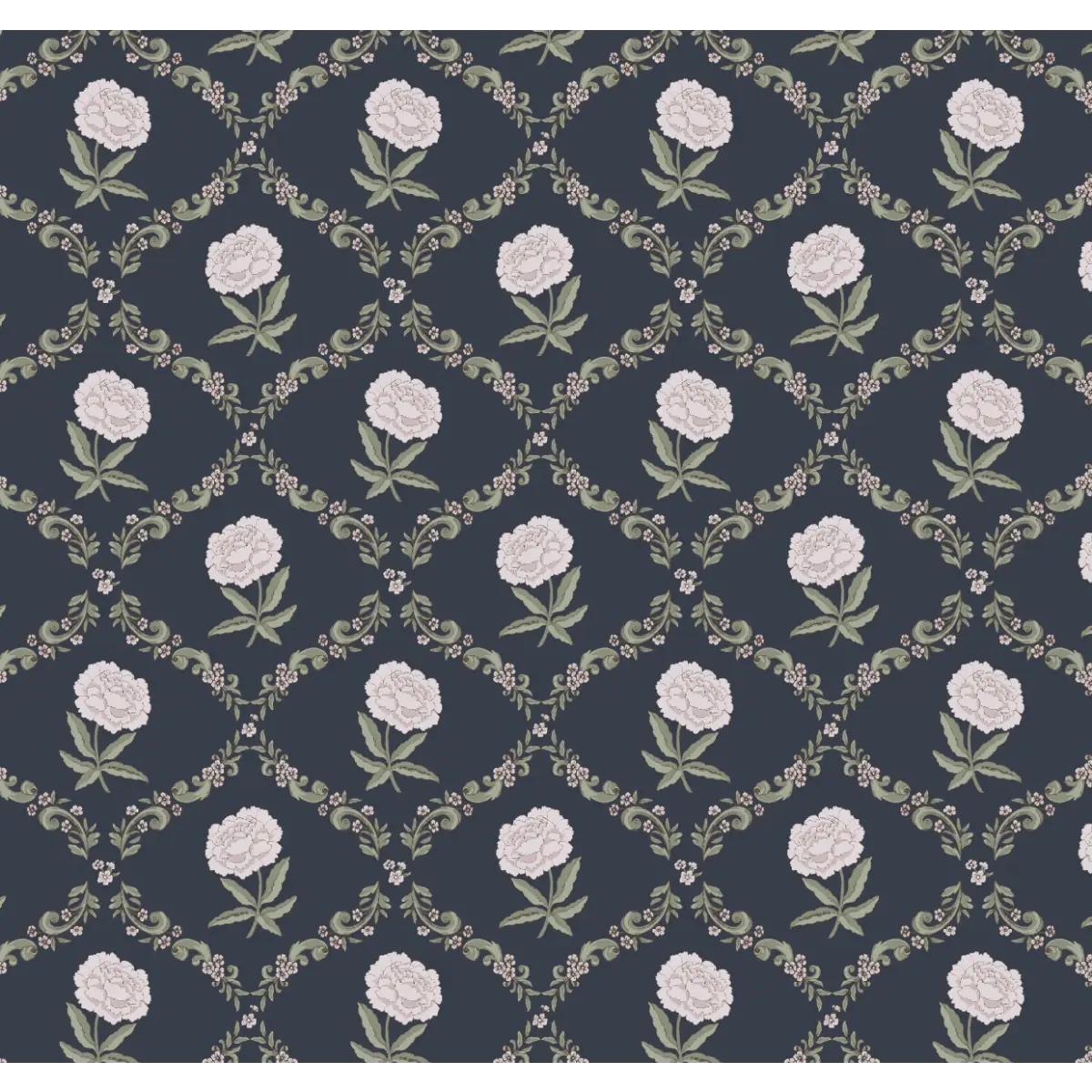 Elise Wallpaper - Flowers in Diamonds - by Anna H Design - Sample 1 foot by 1 foot / Navy - Loomwell Home Goods
