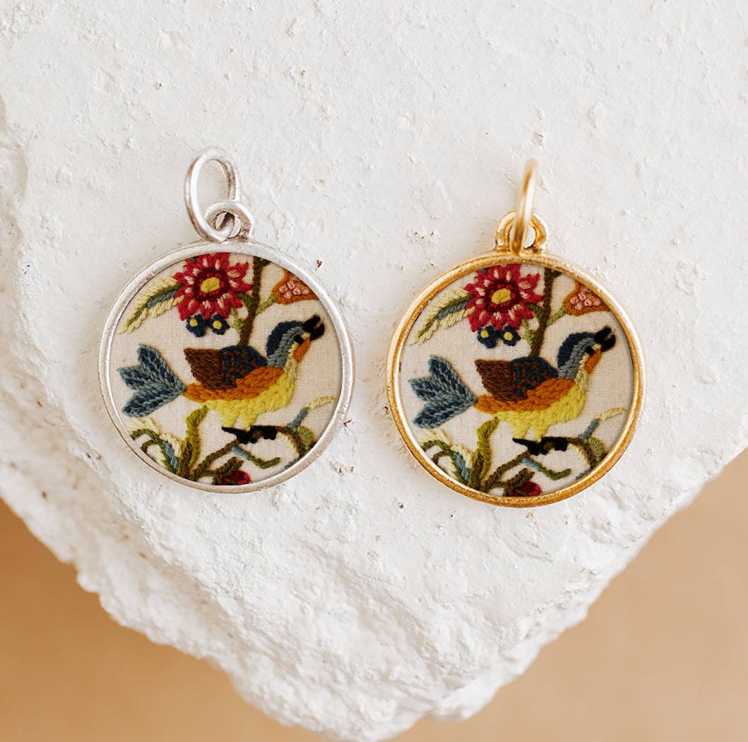 Embroidered Songbird Charm Pendant Necklace Gold or Silver - Antique Gold / Pendant Only