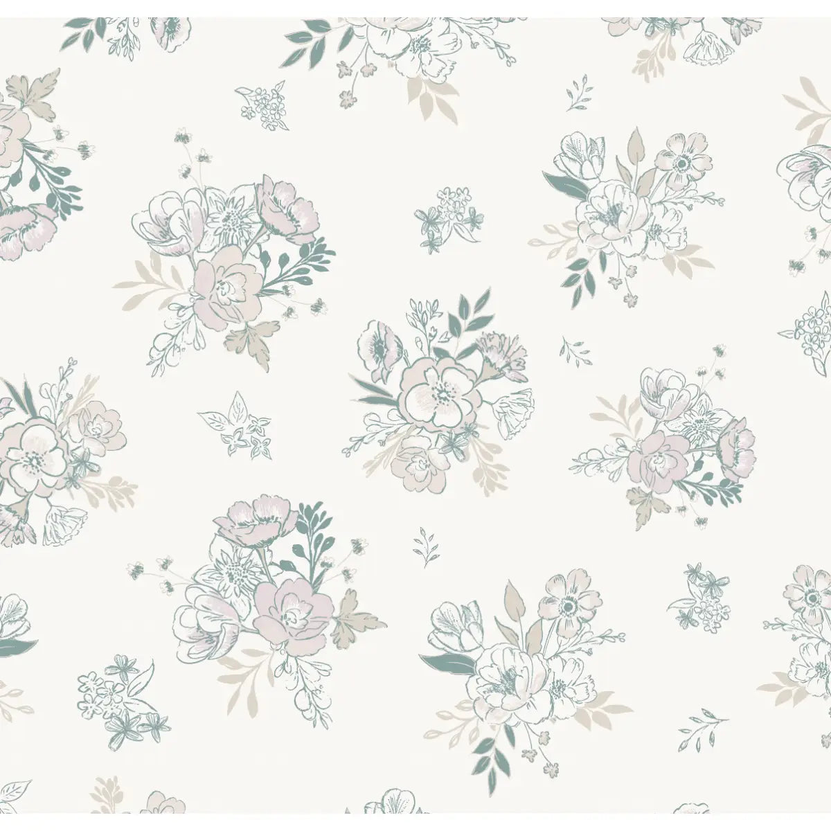 Felice Wallpaper - Subtle Flower Bouquets - by Trisha Patel - Sample 1 foot by 1 foot / Teal and Pink - Loomwell Home