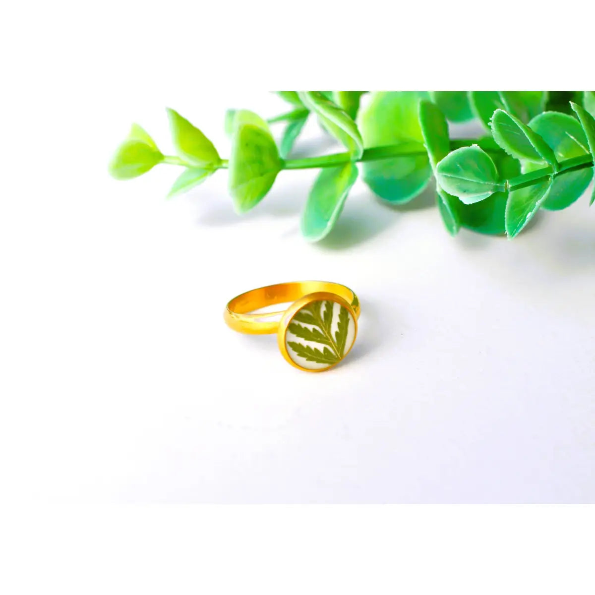 Fern Gold Ring Adjustable Pressed Fern - White - My Beverly Jewelry