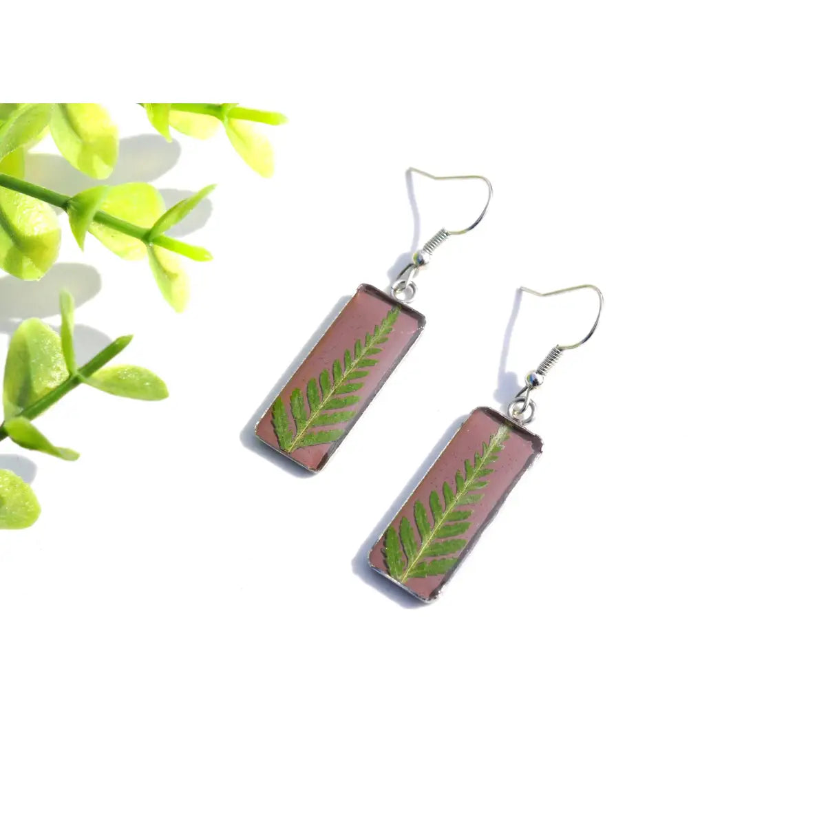 Fern Rectangle Earrings - Pressed Flowers - My Beverly Jewelry
