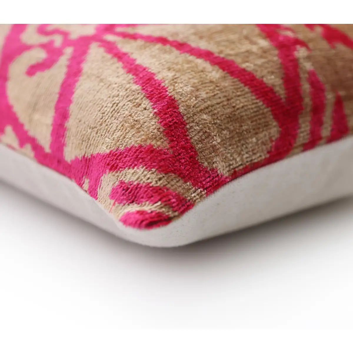 Fuchsia Beige Silk Velvet Lumbar Pillow – 16x24 Handmade Ikat Luxury Cushion - Canvello