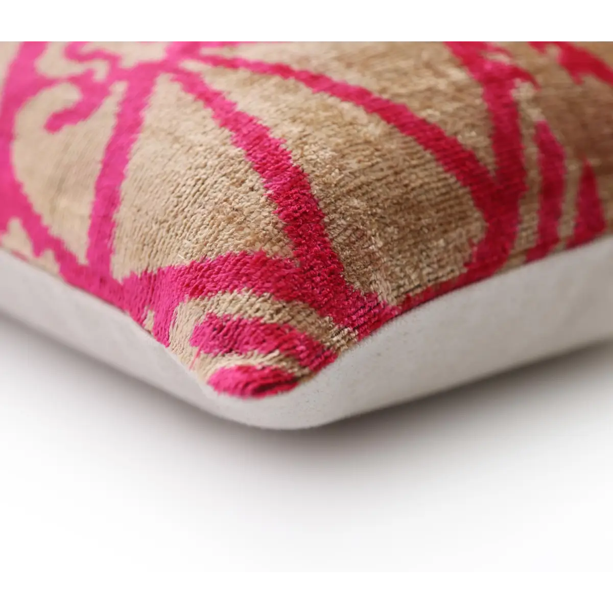 Fuchsia Beige Silk Velvet Lumbar Pillow – 16x24 Handmade Ikat Luxury Cushion - Canvello