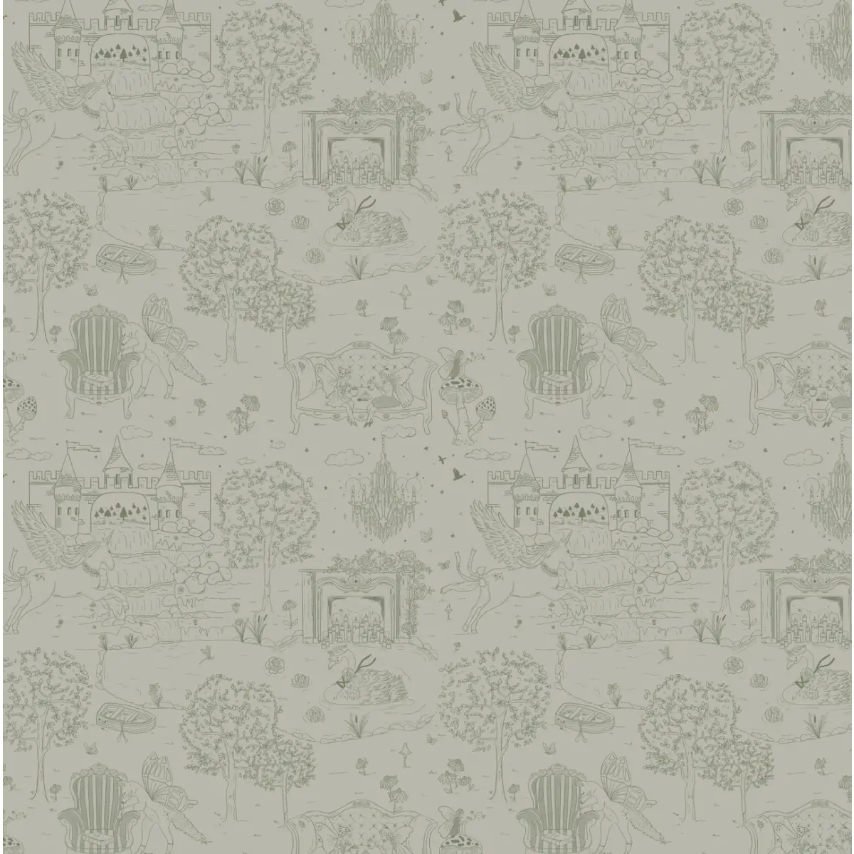 Ginny Wallpaper - Castles Unicorns and Fairies for Kids - by Painted Hawk Design - Sample 1 foot by 1 foot / Green