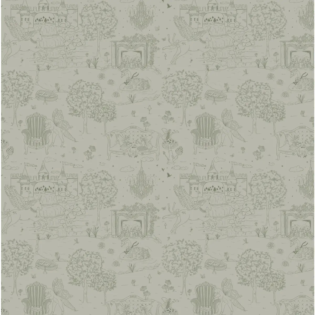Ginny Wallpaper - Castles Unicorns and Fairies for Kids - by Painted Hawk Design - Sample 1 foot by 1 foot / Green